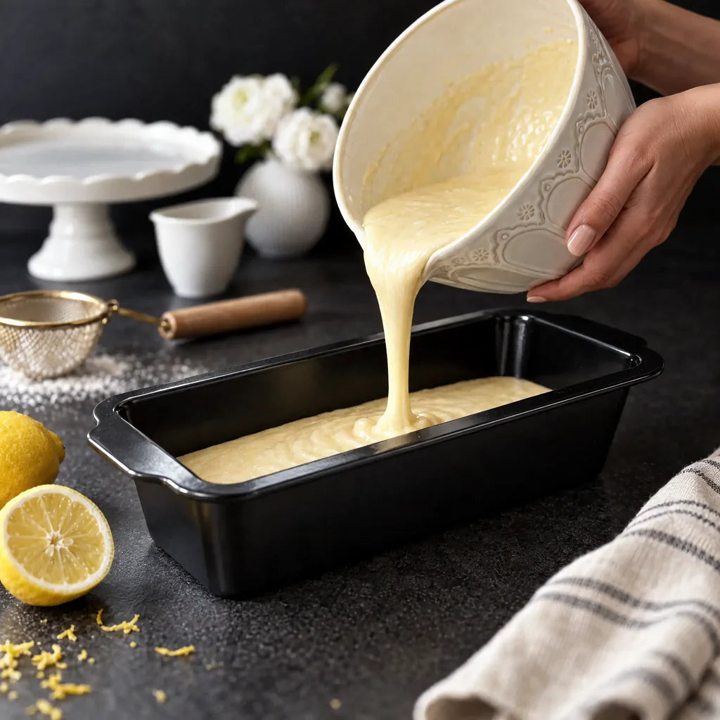 Lemon cake batter being poured into the Food with Style loaf pan 35 cm