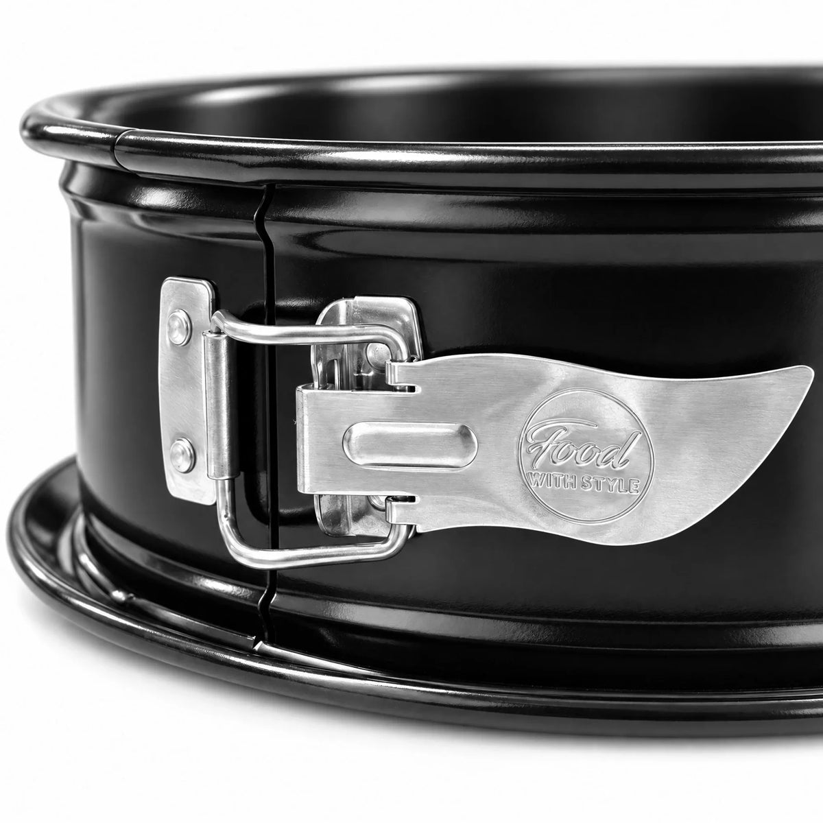 Close-up of the stainless steel clasp with embossed Food with Style logo