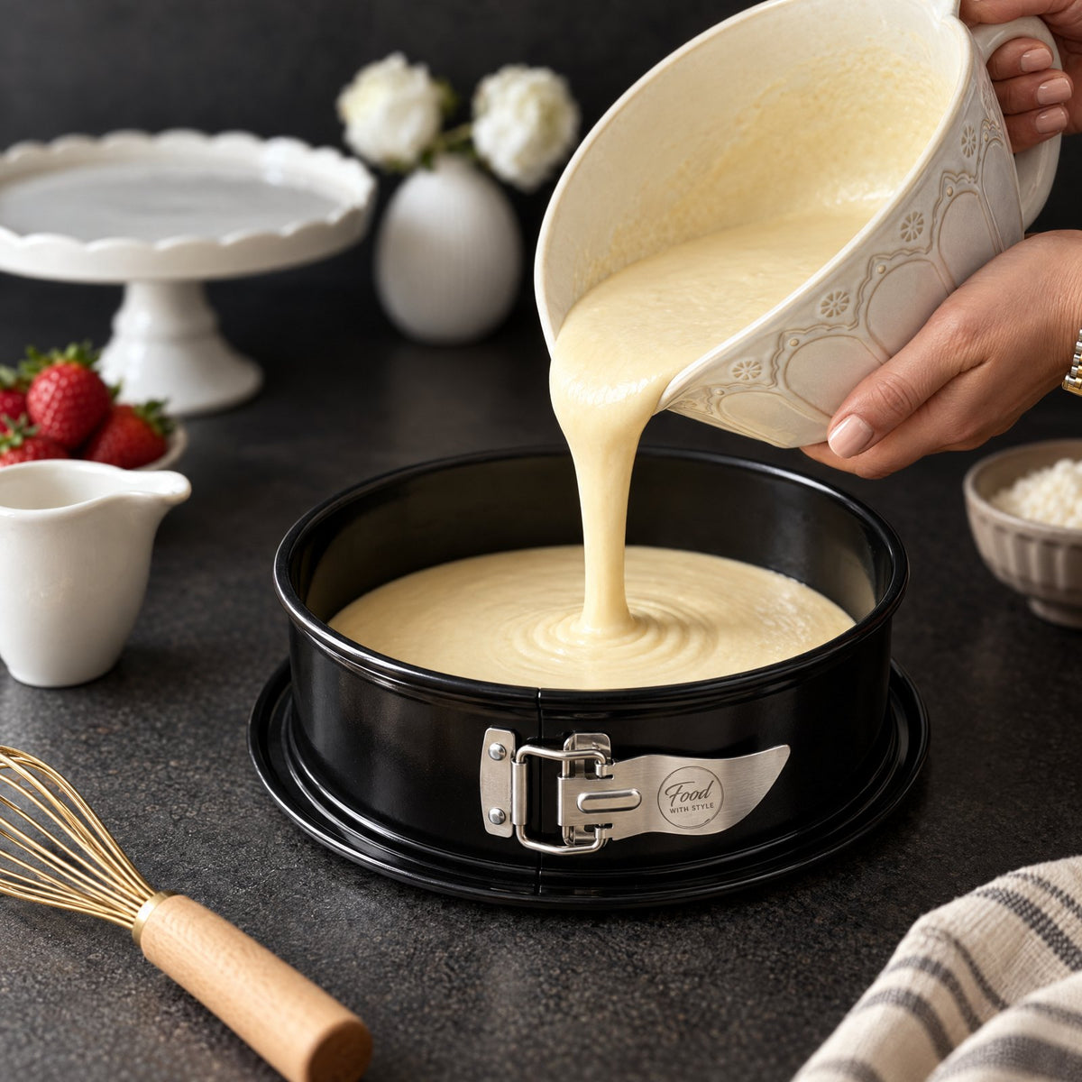 Batter poured into a Food with Style springform pan