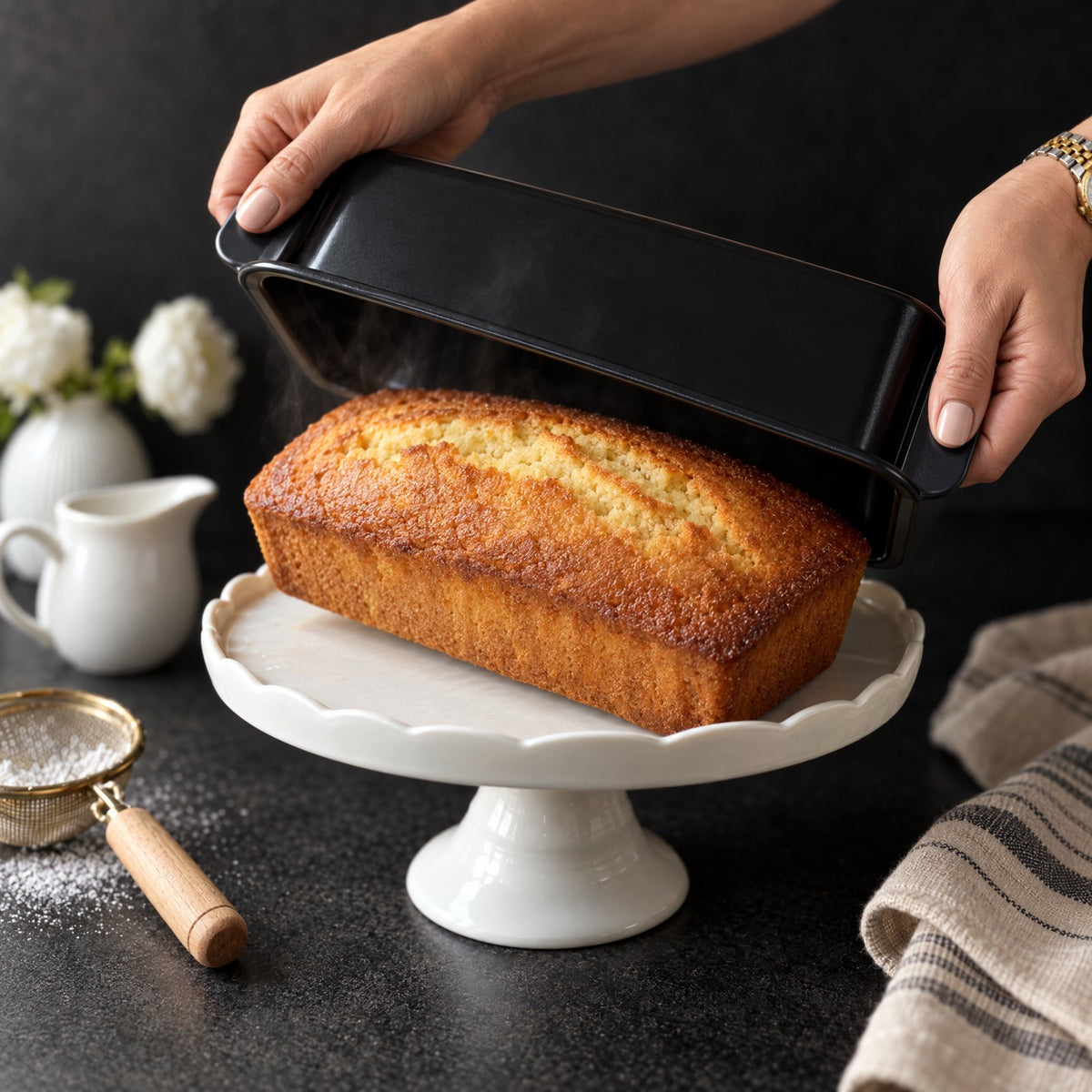 Loaf pan lifted off a loaf cake - Food with Style