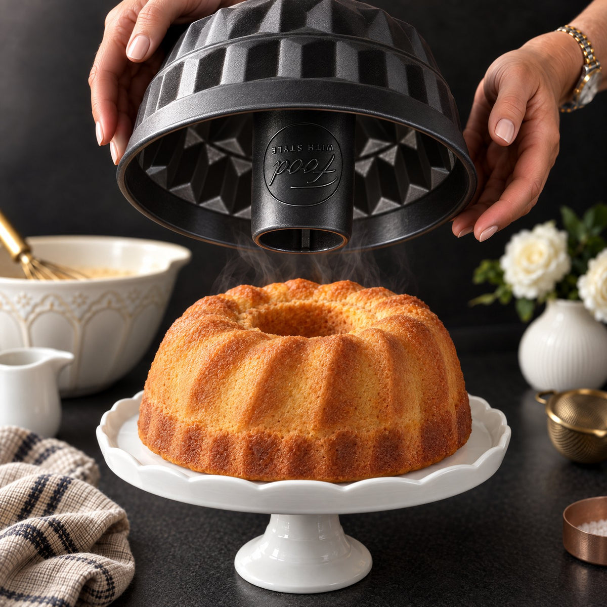 Ring cake pan lifted off a golden cake - Food with Style