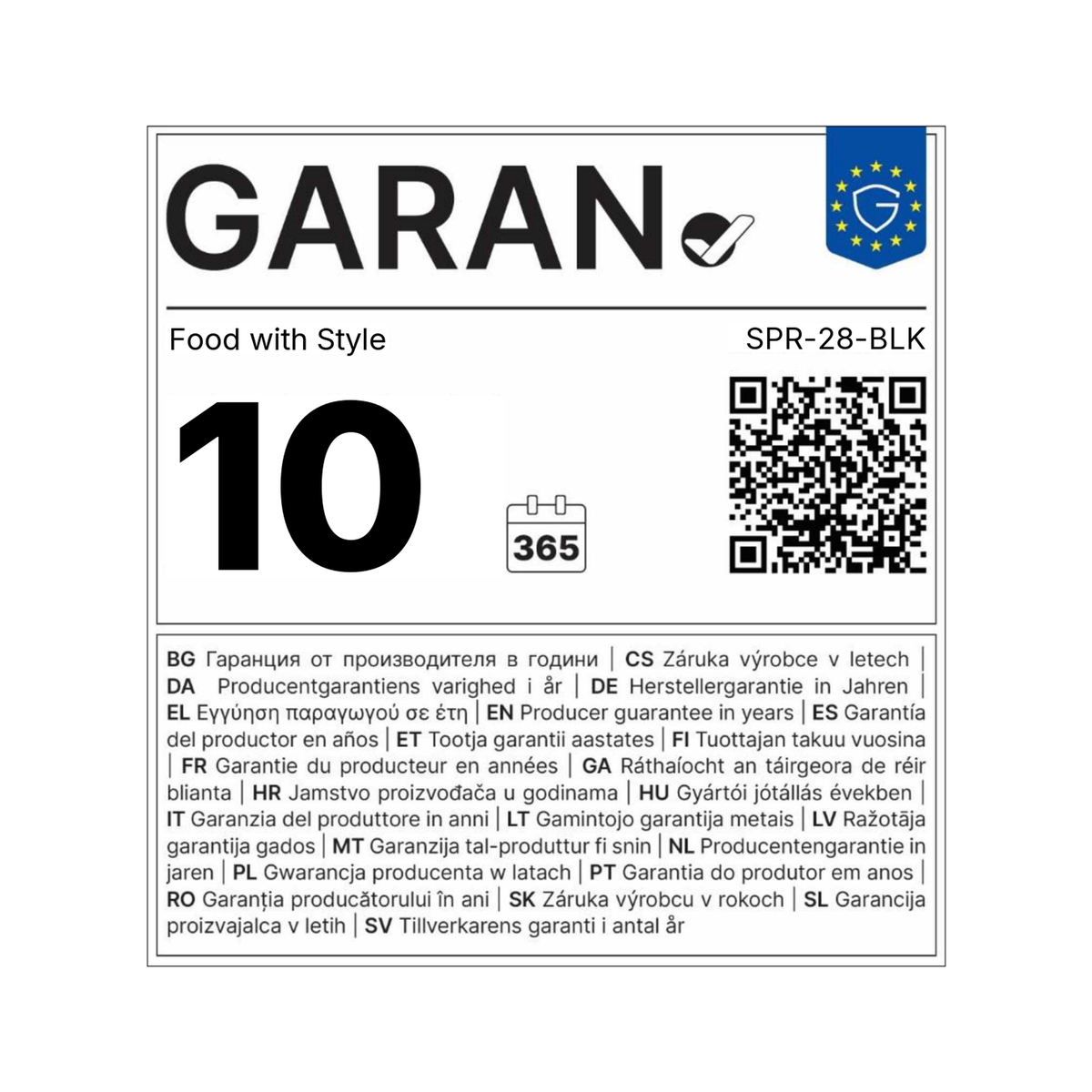 EU guarantee label, 10 years, SPR-28-BLK