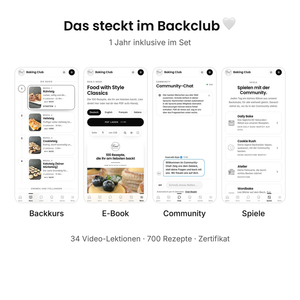 Backkurs, E-Book, Community und Spiele in der App
