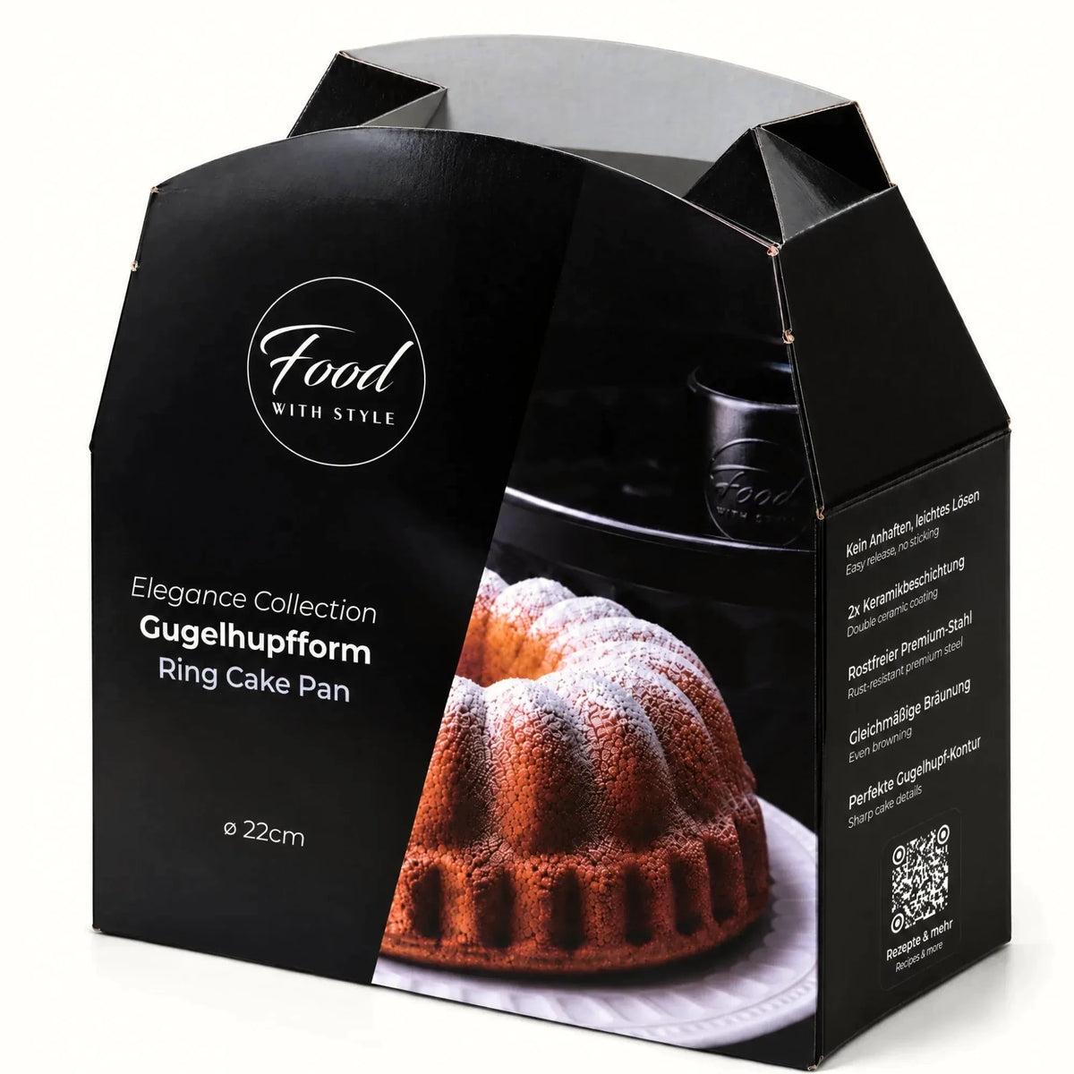 Food with Style ring cake pan 22 cm in its black Elegance Collection packaging